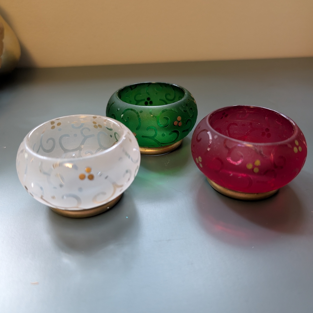PartyLite Red, Green, and White Glass Candle Holders